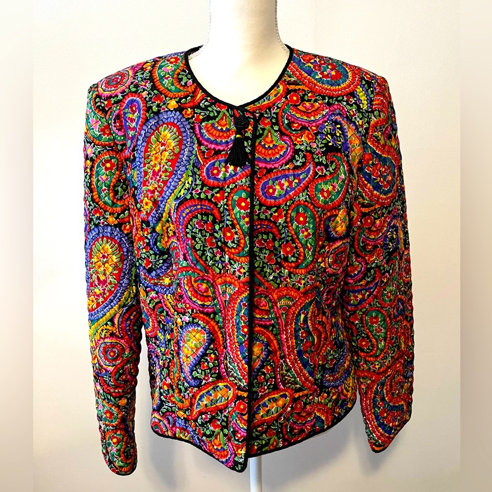 Vintage Maggie London Silk Quilted Blazer Jacket Jewel Tone Paisley Sz 14